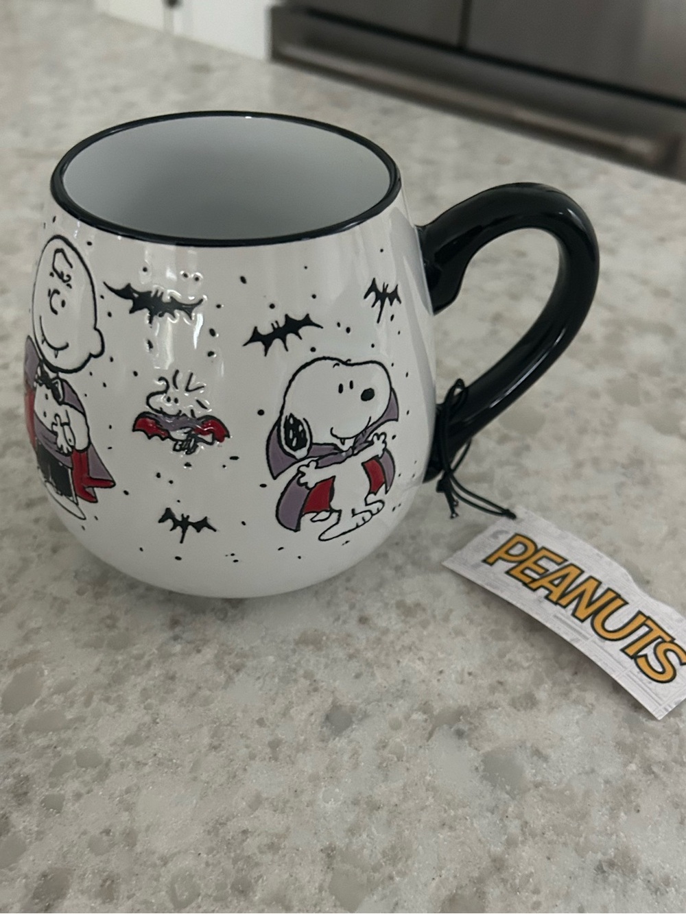 “New” Peanuts Snoopy Halloween White and Black Ceramic Mug with Red Accents